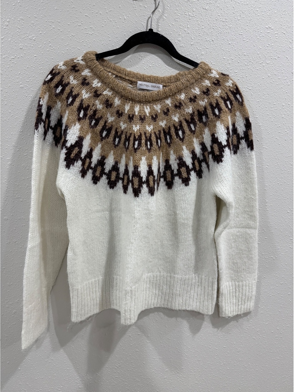 Neutral Ground Women’s Small Fair Isle Nordic Sweater Cream Tan Brown Wool Blend